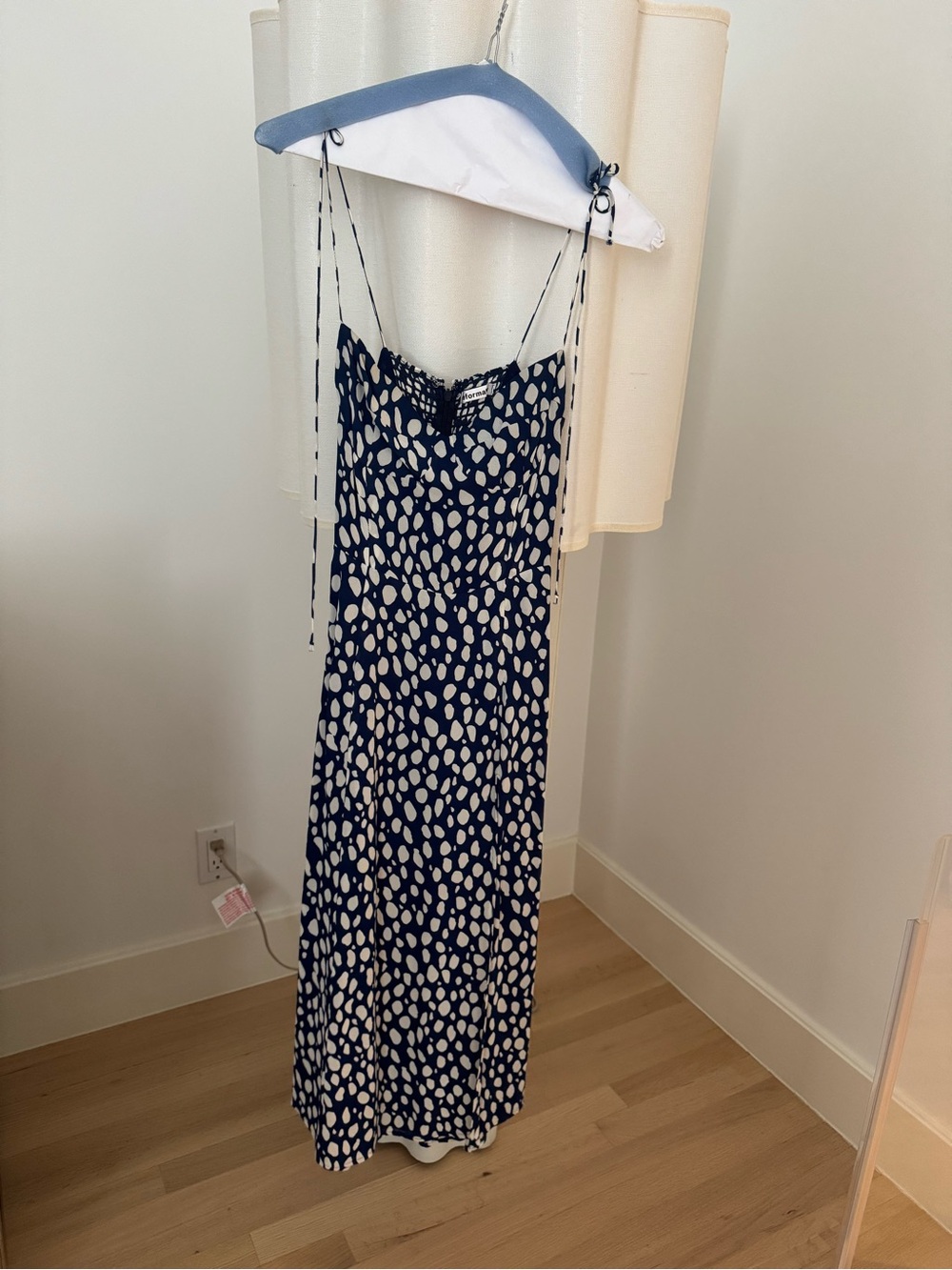 Reformation Navy and White Spotted Slip Dress